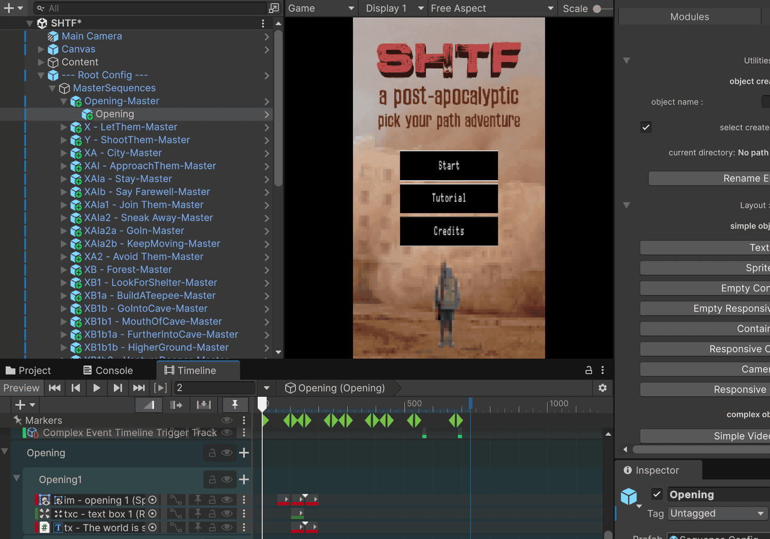 A video game development interface showing an interactive fiction project