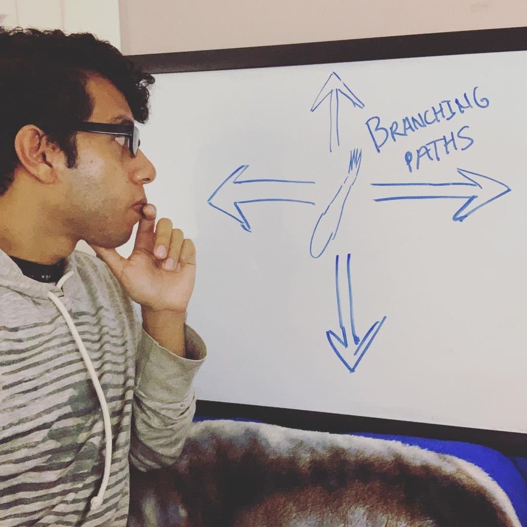 Person contemplating in front of a diagram on a whiteboard